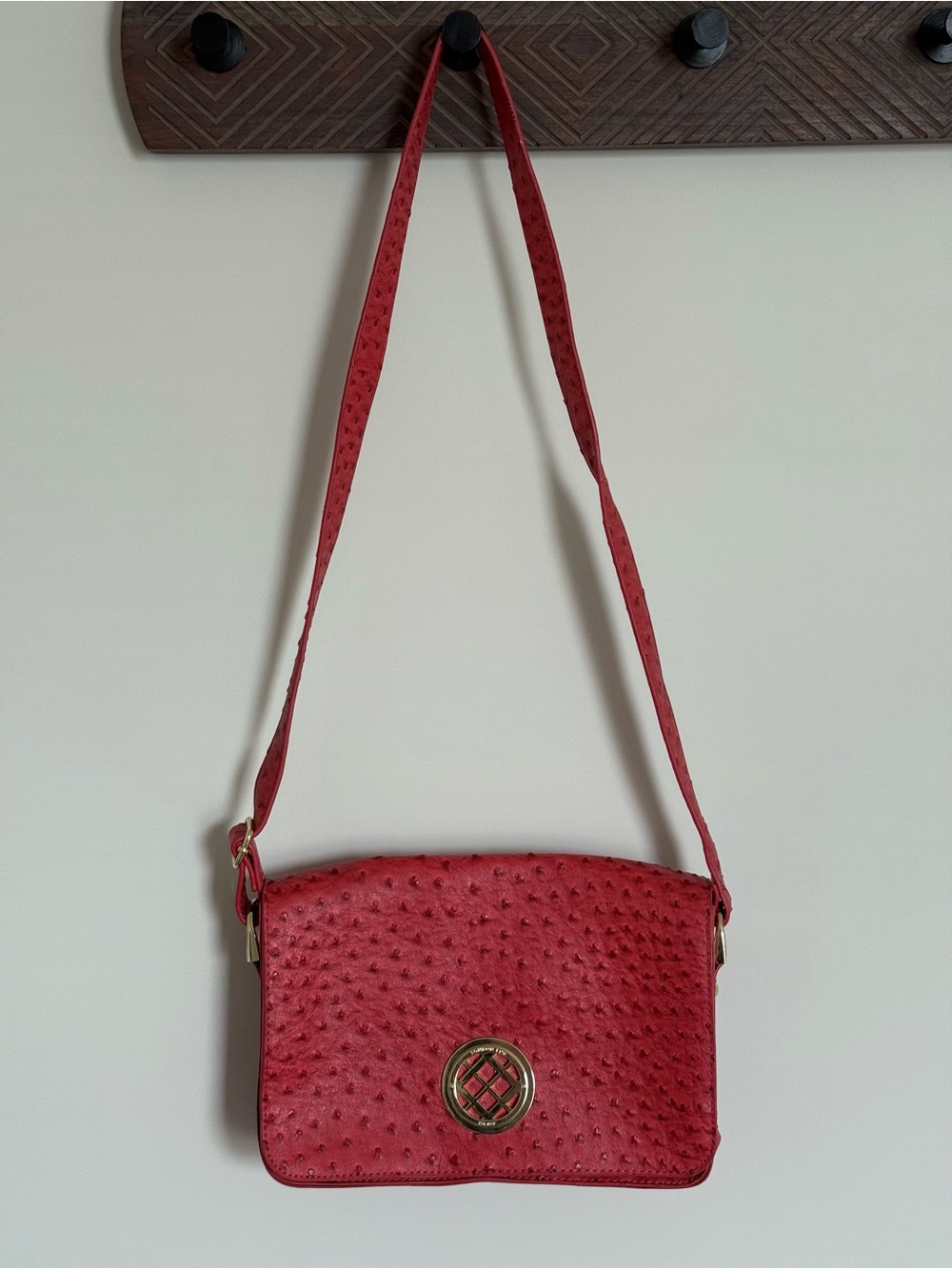 London Fog Red Faux Leather Ostrich Texture Satchel Shoulder Bag Crossbody Purse